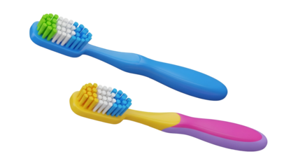 Two Colorful Toothbrushes with Multicolored Bristles on Black Background
