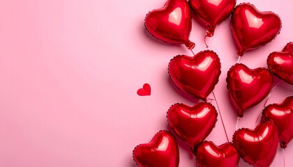 Red heart shaped balloons on pink background, flat lay with space for text. Saint Valentine's day celebration
