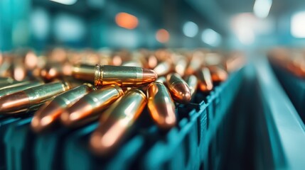 A dynamic image featuring a mass collection of assorted bullets in a storage container, illustrating the organized chaos often found in industrial environments related to ammunition production and di