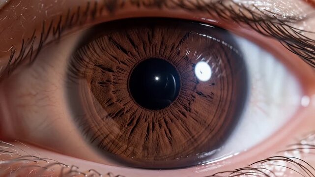 close-up brown eye macro shot with iris detail and pupil reflection