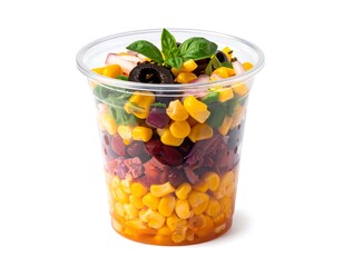 Colorful layered salad in a clear plastic cup, with corn, beans, greens, and herbs