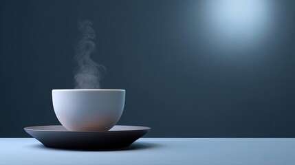 Simple white bowl with steam on dark table with moody background, captivating minimalistic design showcasing warmth and comfort in a modern setting