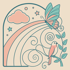 Abstract floral background with butterflies and flowers features a vector nature design with green leaves, blue swirls, and spring flora ornaments on a summer plant branch wallpaper illustration