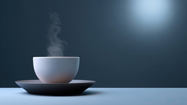 Simple white bowl with steam on dark table with moody background, captivating minimalistic design showcasing warmth and comfort in a modern setting