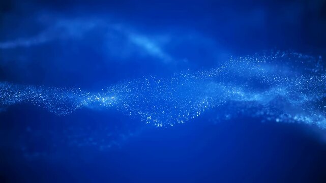 Abstract blue wave of sparkling particles flowing gracefully. Represents digital innovation, technology, and creativity in motion