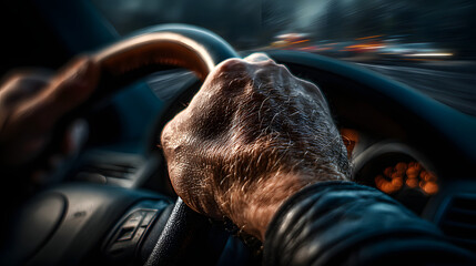 Action of a driver is gripping on steering wheel to control the car during driving. Transportation mode with close-up and selective focus on the hand.