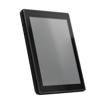 Black e-reader with blank screen in angled position with soft studio lighting on white background for tech product isolated on transparent background