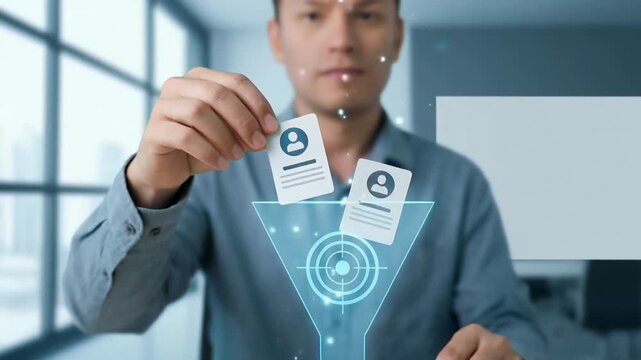 Man sorting user icons into containers with digital funnel and target symbol representing recruitment market fit concept for job selection process