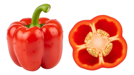 Red bell pepper whole and cut in half on black background