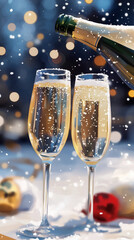 Cute Happy New Year Greeting Card with Adorable Characters and Festive Elements