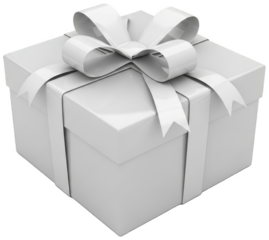 Clean monochromatic white gift box tied with glossy white ribbon and large elegant bow isolated on transparent background