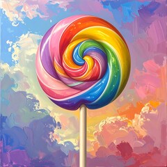 Colorful lollipop swirled with rainbow shades, set against an impressionistic sky with pinks, blues, and oranges