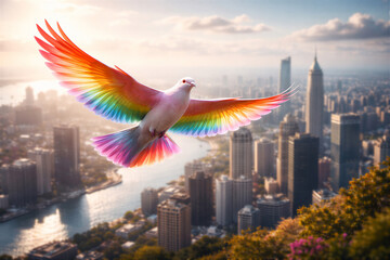 Rainbow dove flying above modern city skyline symbolizing diversity