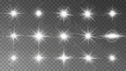 Collection of white lens flare effects on a transparent background for overlays 
