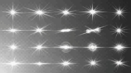 Collection of white lens flare effects on a transparent background for overlays 
