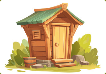 Vector illustration of an off-grid composting toilet hut with wooden walls, stone base and leafy surroundings, eco outdoor structure, isolated on a white background