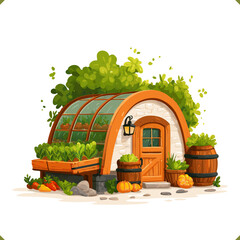 Vector illustration of an off-grid greenhouse with glass roof, potted plants, vegetables and flowers around the entrance, eco gardening concept, isolated on a white background