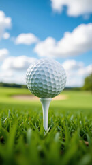 Golf ball on tee surrounded by lush green grass under bright blue sky with fluffy clouds creates serene atmosphere for outdoor sports