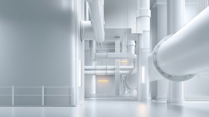 Industrial Interior of Modern Facility with White Pipes and Tubes in a Minimalist and Sleek Environment, Showcasing Innovative Architectural Design