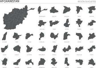 Afghanistan region silhouettes set and blank map of the country isolated on white background. Vector illustration design