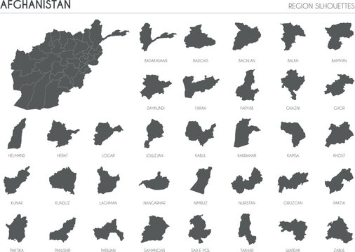 Afghanistan region silhouettes set and blank map of the country isolated on white background. Vector illustration design