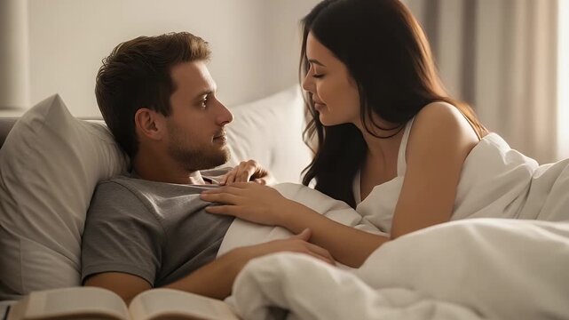 cozy couple in bed reading together, intimate morning moments