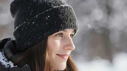 Smiling woman in black winter hat enjoying snowy weather outdoors