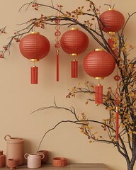 Chinese lanterns hanging from tree branch with blossoms and ceramic pots on table for festive home decor with red with design