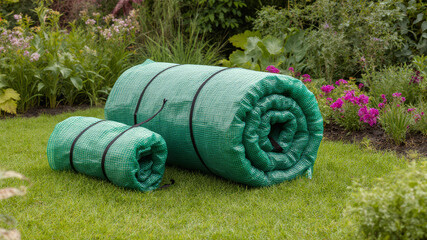 Green rolled camping mats placed on snowy ground during winter preparation