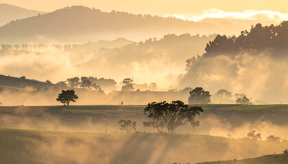 paysage de colline brumeuse sous une lumi&egrave;re dor&eacute;e au lever du soleil