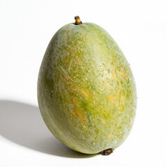 Fresh green mango with subtle orange specks, isolated on white, studio photography with soft shadow