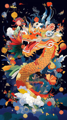 Cute Happy New Year Greeting Card with Adorable Characters and Festive Elements