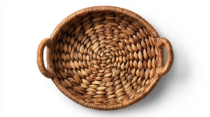 Fototapeta premium woven wicker basket top view, round straw basket with handles, natural rattan basket isolated 