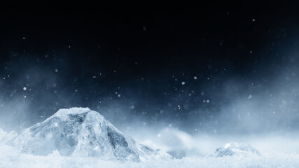 Dark icy mist and snow particles floating over winter background