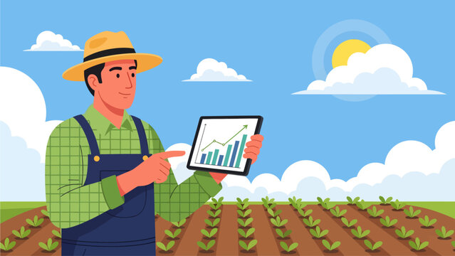 Standing amidst rows of young crops, a cheerful farmer highlights upward trends on his tablet, perfectly illustrating the seamless blend of traditional cultivation and modern agricultural technology