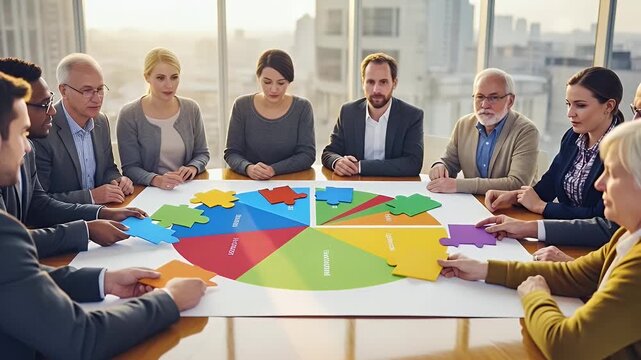 diverse team brainstorms around colorful strategic wheel chart