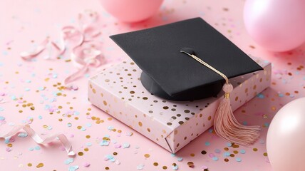Graduation cap sitting on a gift box, celebrating academic achievement and a successful future, with festive confetti and balloons