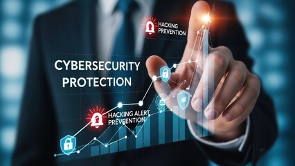 Closeup business professional hand pointing at growth chart representing cybersecurity protection with data privacy and hacking alert prevention