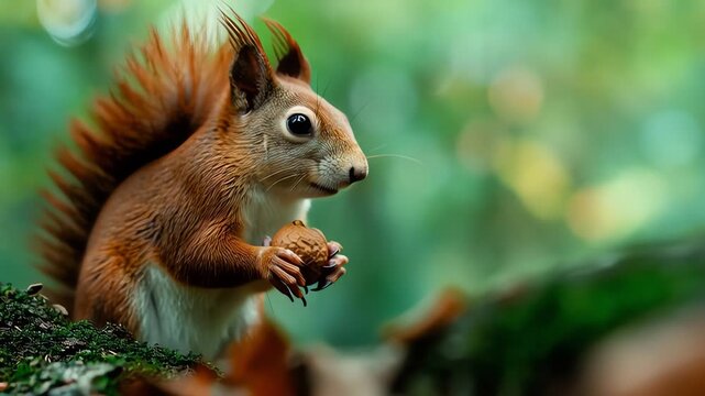 A red squirrel holding an acorn in its paws, with a blurred green forest background and a shallow depth of field.