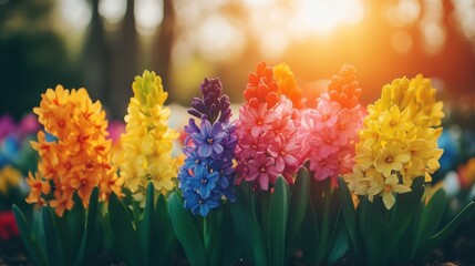 Vibrant hyacinths in a botanical garden displaying a wide array of colors