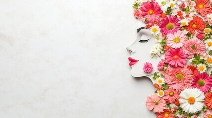 Woman's profile with flowing spring flowers forming hair, representing beauty, nature, femininity, and growth