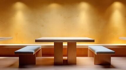 Modern wooden table and bench seating in a warm, softly lit interior with a textured wall and ambient lighting for a cozy dining experience