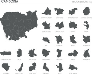 Cambodia region silhouettes set and blank map of the country isolated on white background. Vector illustration design