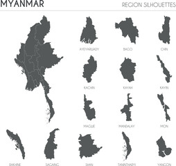 Myanmar region silhouettes set and blank map of the country isolated on white background. Vector illustration design