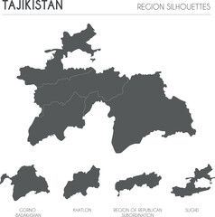 Tajikistan region silhouettes set and blank map of the country isolated on white background. Vector illustration design