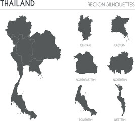 Thailand region silhouettes set and blank map of the country isolated on white background. Vector illustration design