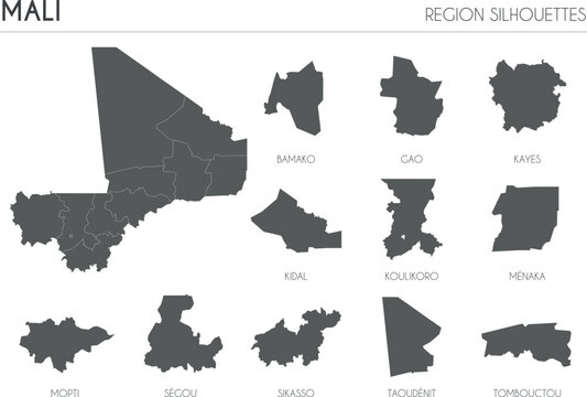 Mali region silhouettes set and blank map of the country isolated on white background. Vector illustration design