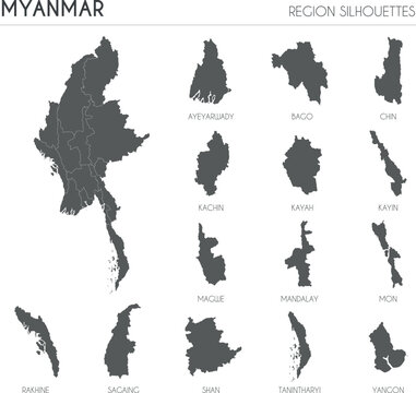 Myanmar region silhouettes set and blank map of the country isolated on white background. Vector illustration design