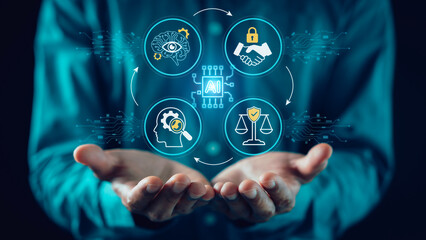 AI Governance and Human-in-the-loop ethical control concept. Professional using tablet and stylus to supervise artificial intelligence decision making, security, compliance, and transparency