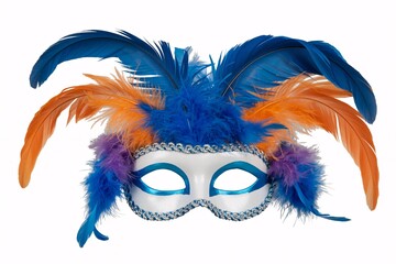 Vibrant blue and orange feathered masquerade mask with white base and silver trim isolated on white background with carnival